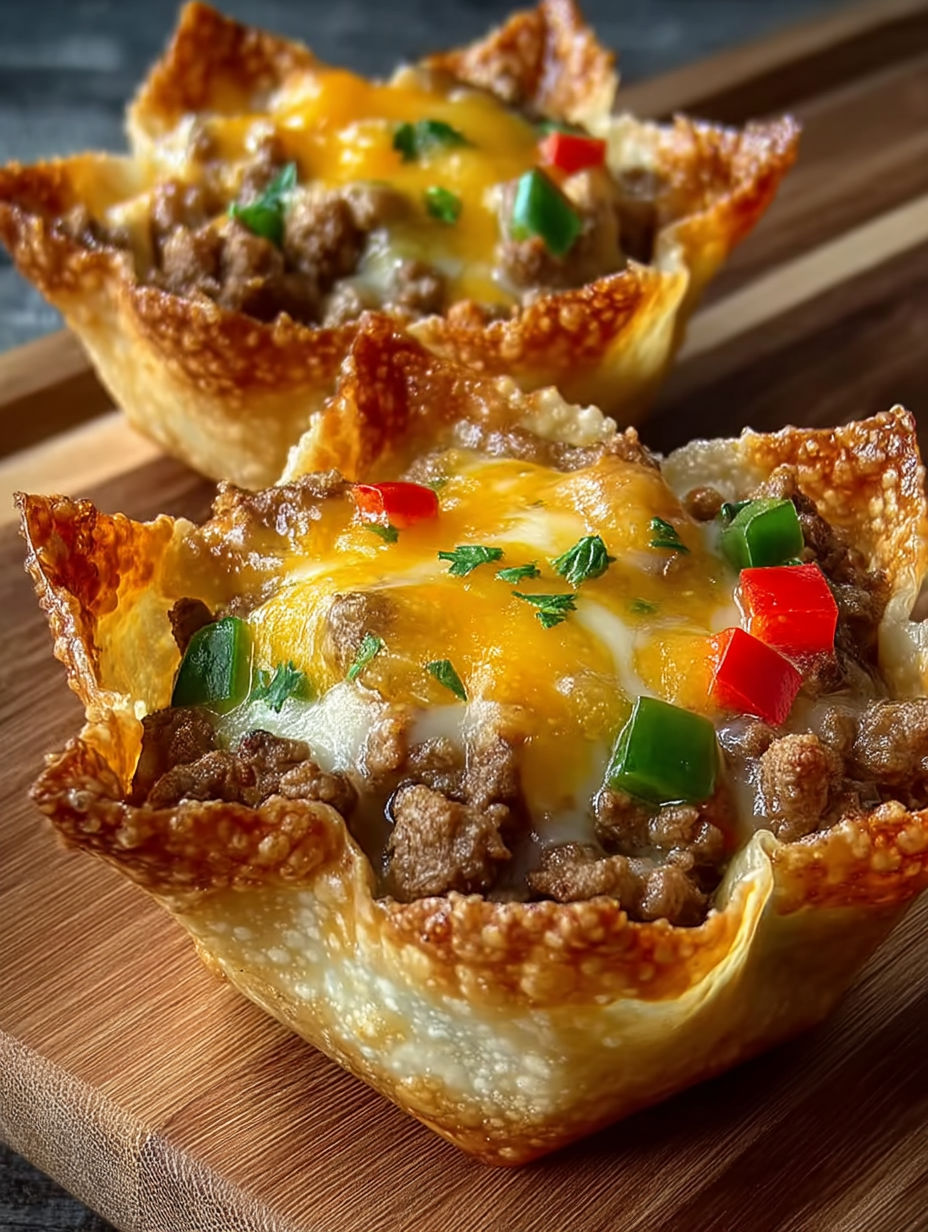 Two cheesy sausage wonton cups on a wooden table.