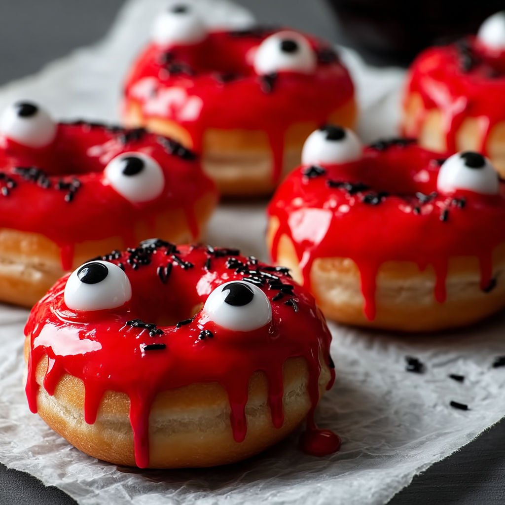 A plate of red frosted donuts with black eyes.