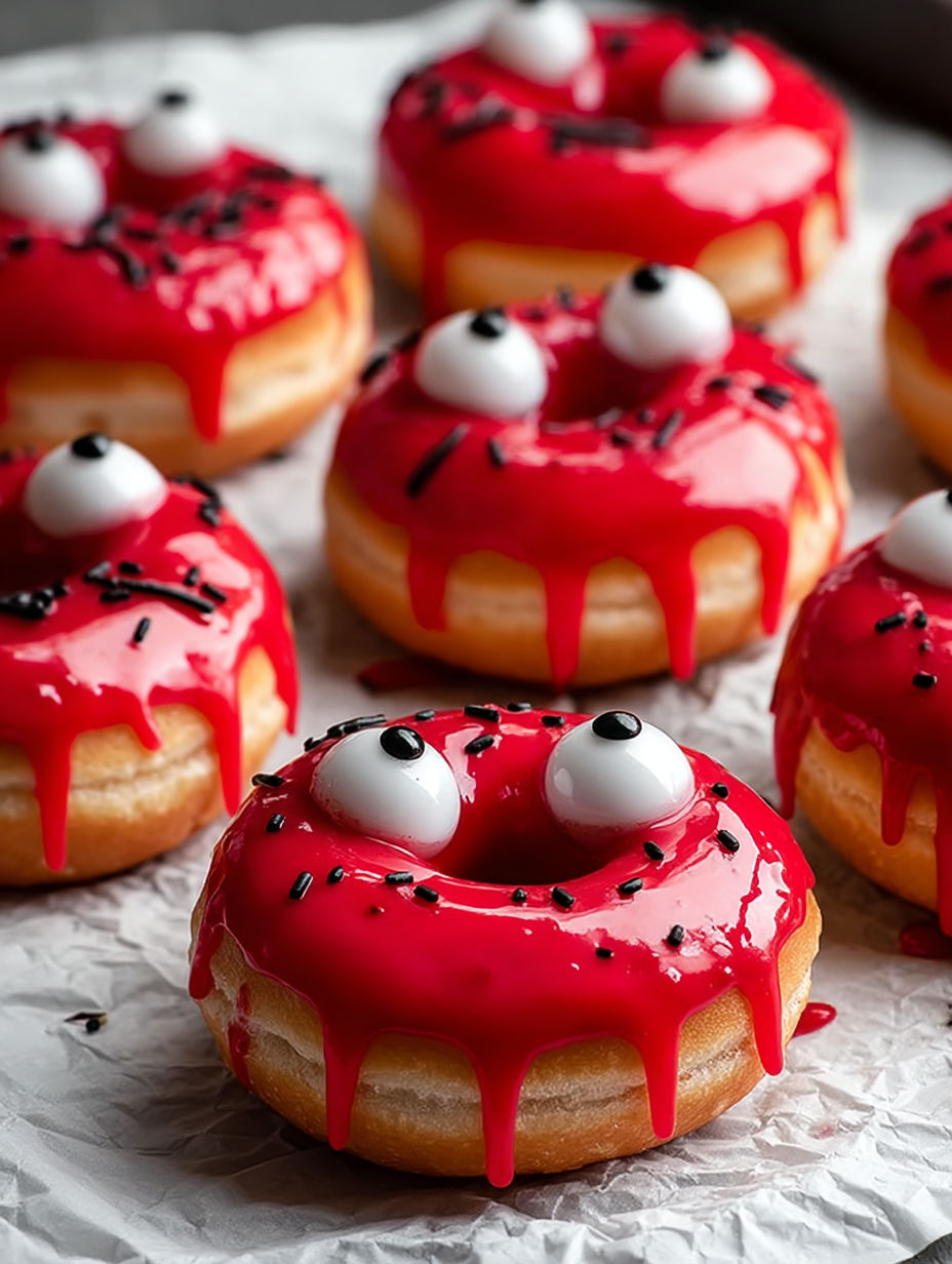 Red donuts with black eyes and mouths.