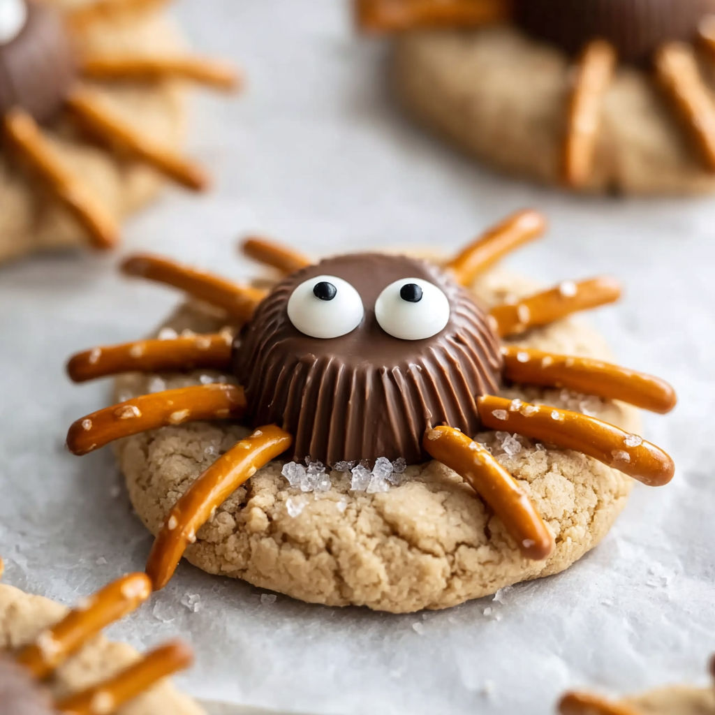 A spooky spider cookie with a chocolate chip and a peanut butter cookie.
