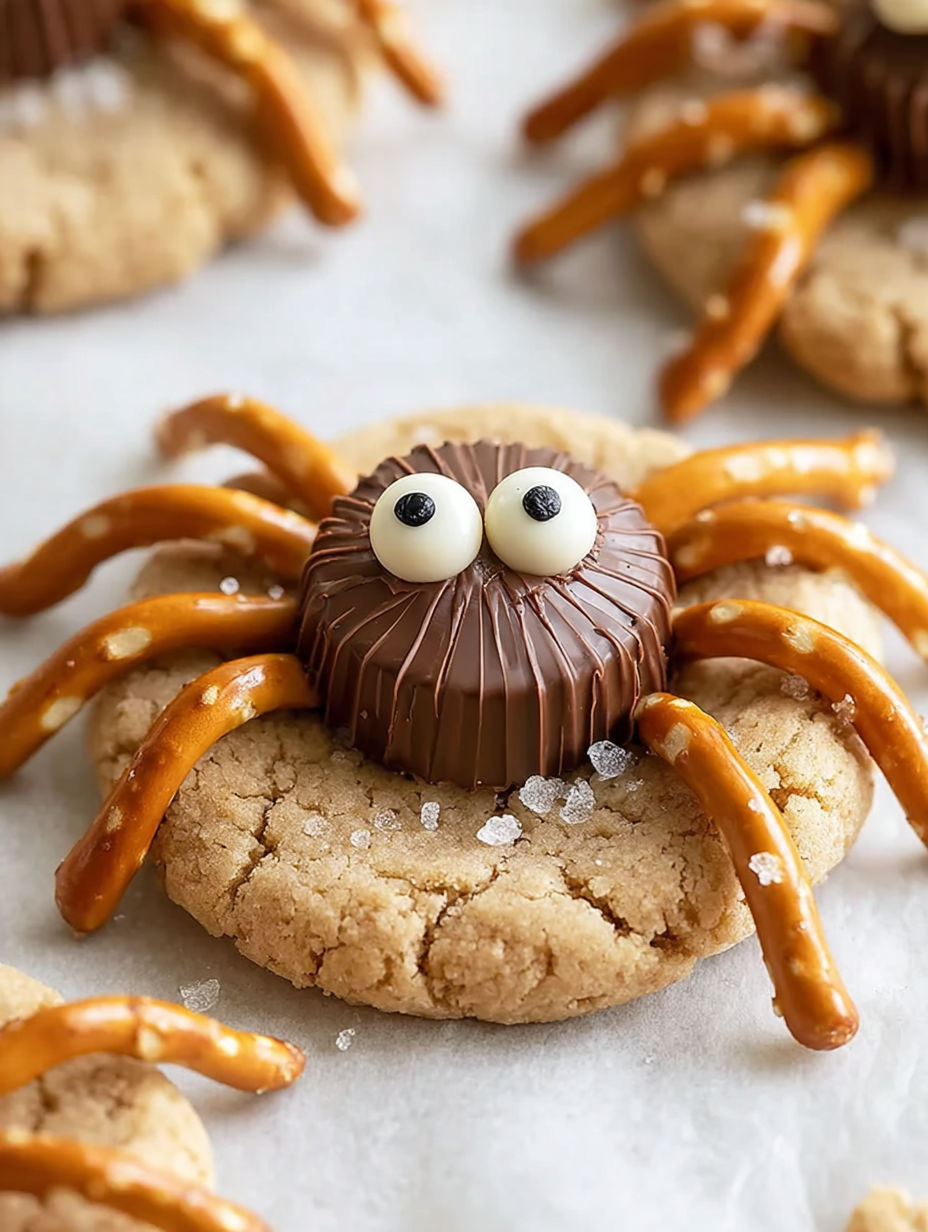 A spooky spider cookie with a chocolate chip and a pretzel.