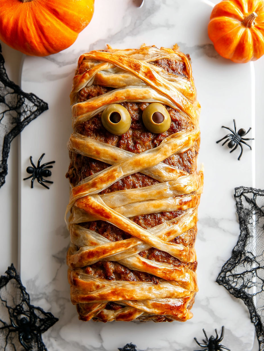 A mummy meatloaf with olives for eyes.