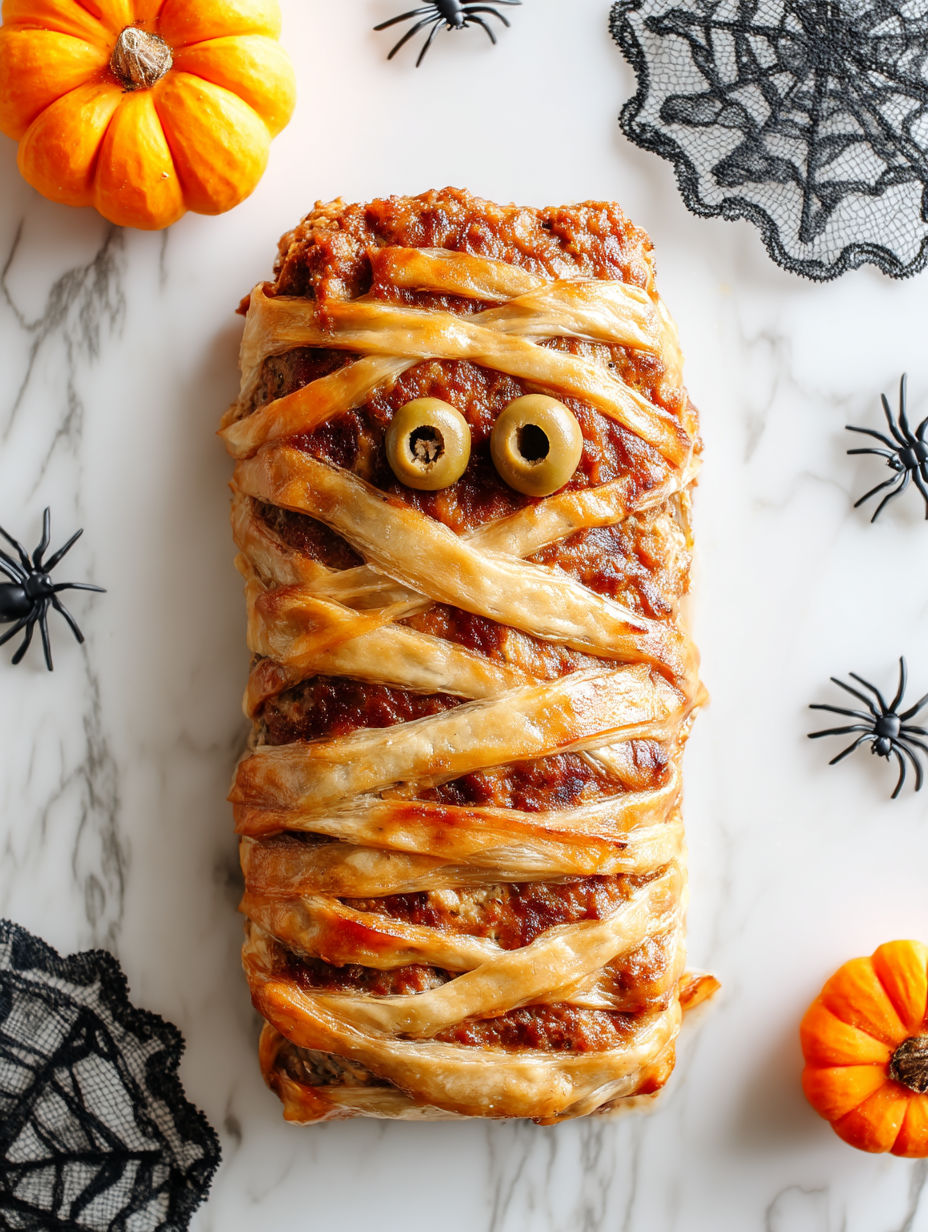 A mummy shaped meatloaf with olives for eyes.