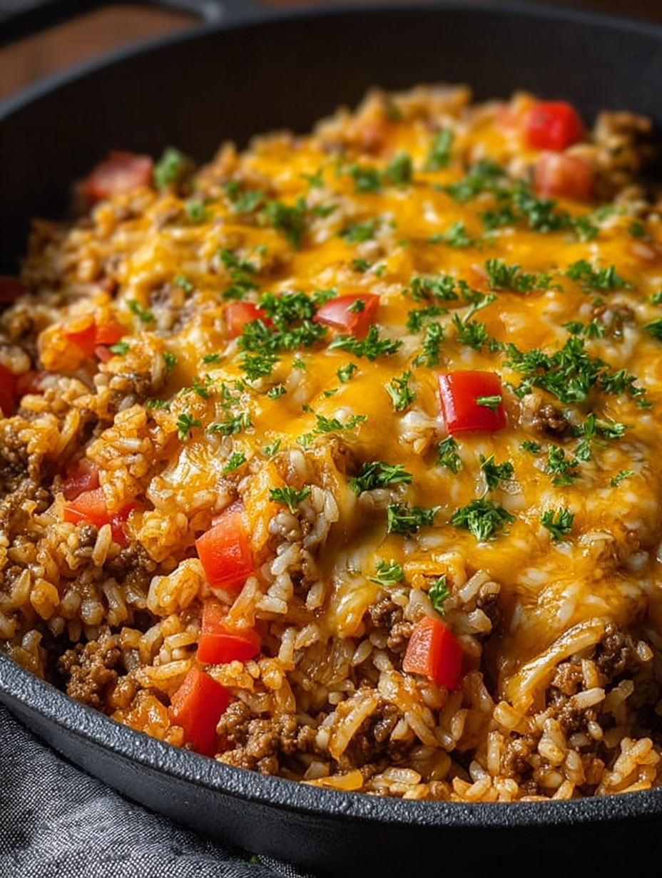 A delicious cheesy beef enchilada rice dish.