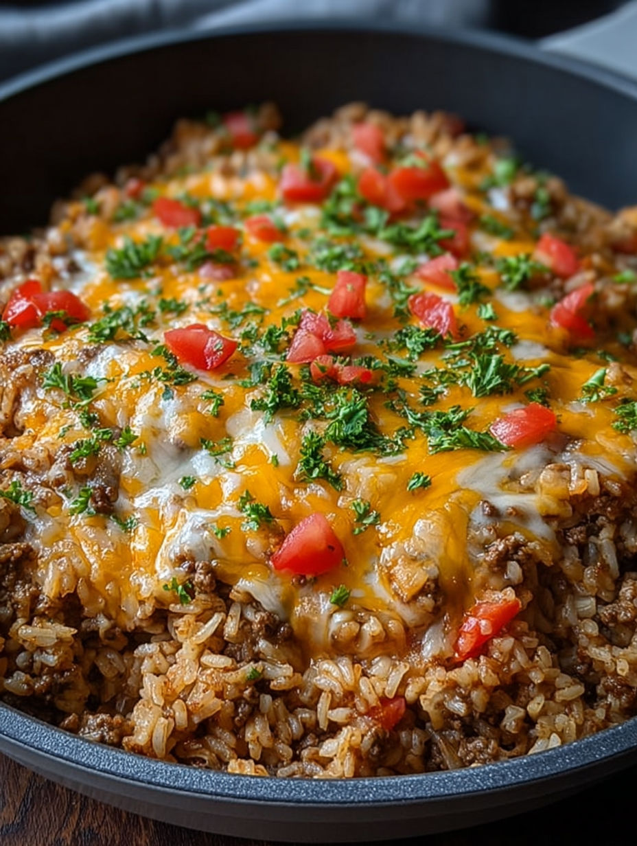 A close up of a delicious cheesy beef enchilada rice dish.
