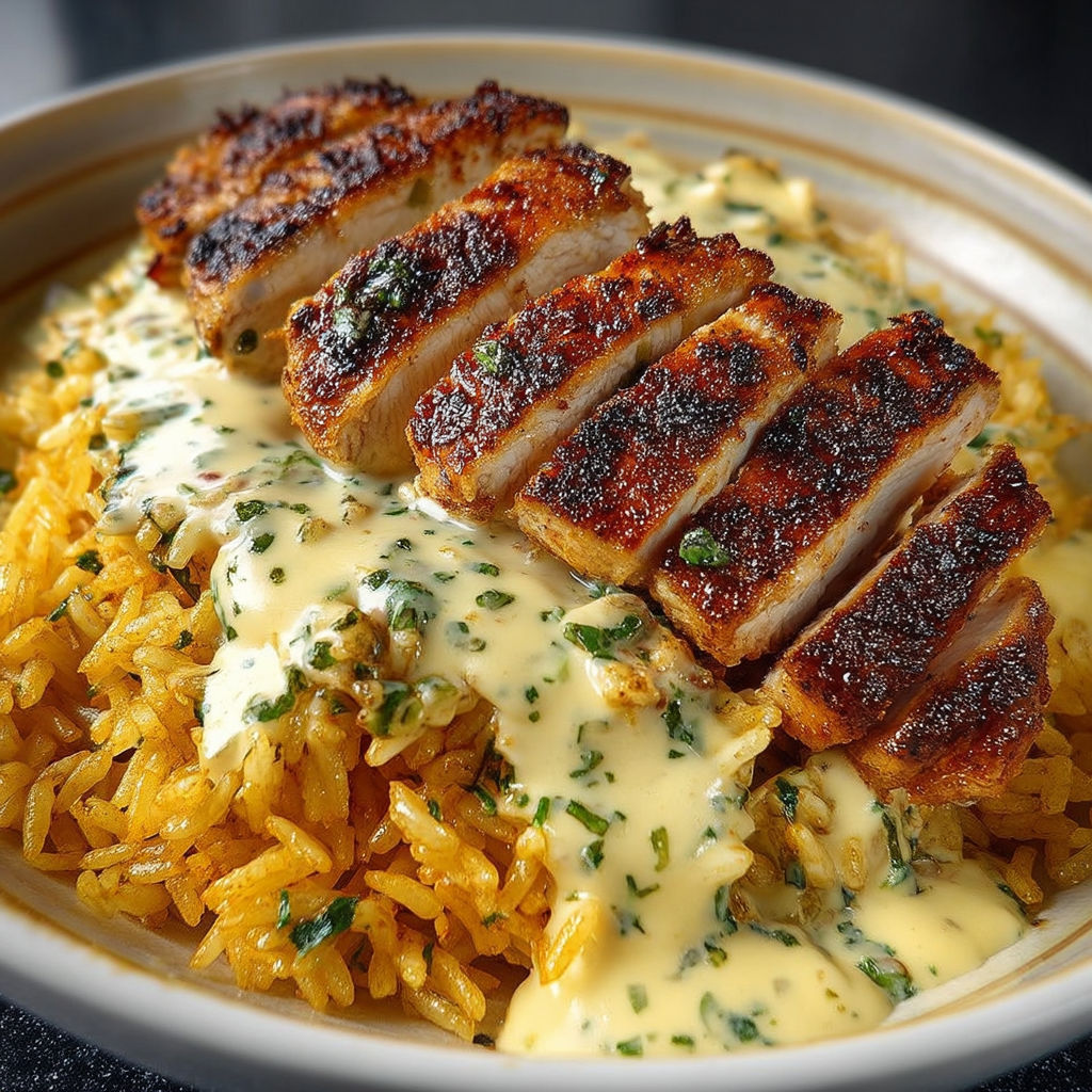 A plate of rice with chicken and cream sauce.