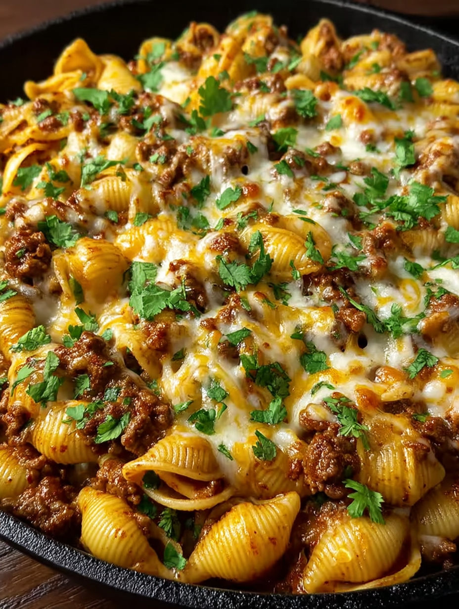 A close up of a cheesy enchilada hamburger helper.