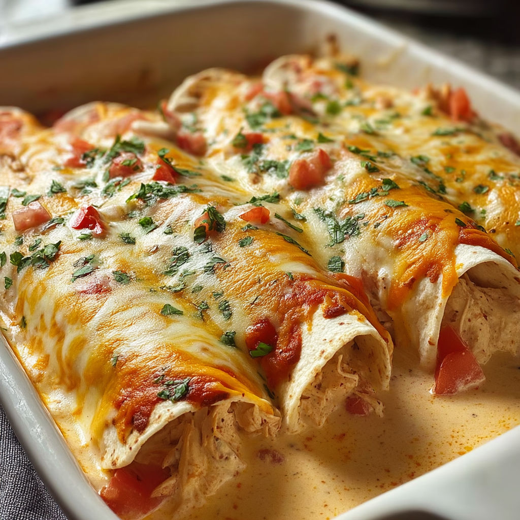 A dish of chicken enchiladas with tomatoes and cheese.