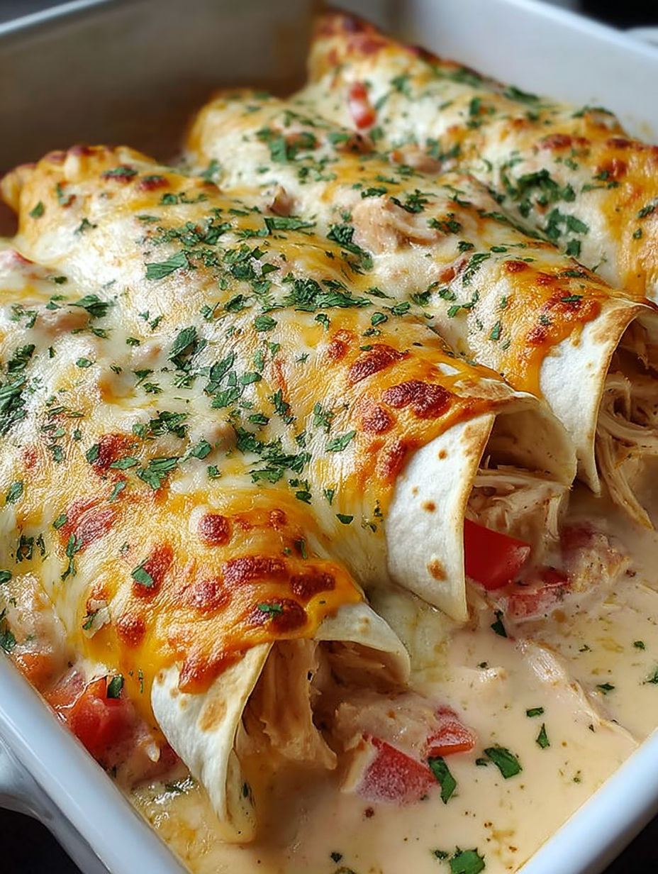 A dish of chicken enchiladas with cheese and tomatoes.