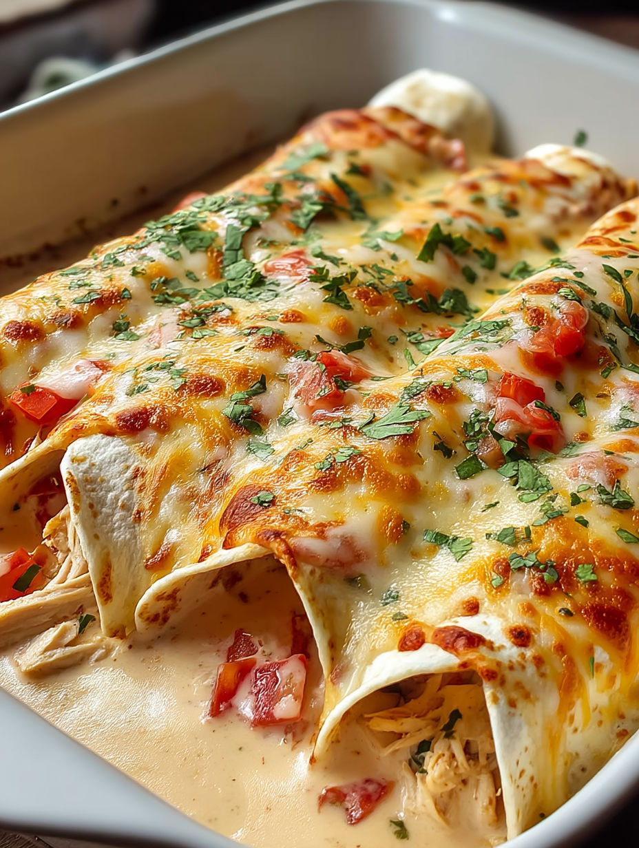A delicious looking chicken enchilada with cheese and tomatoes.