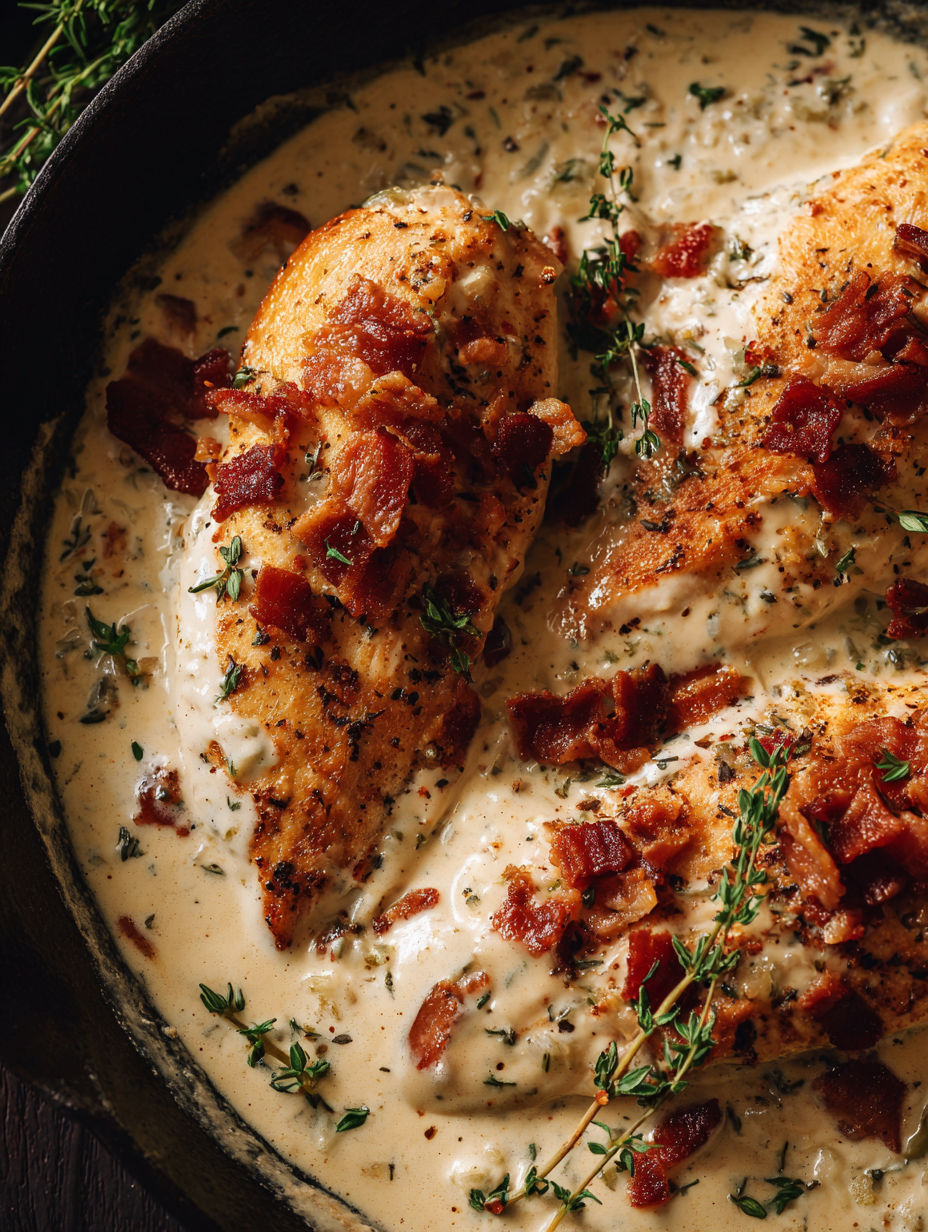 A dish of chicken covered in creamy garlic parmesan sauce.