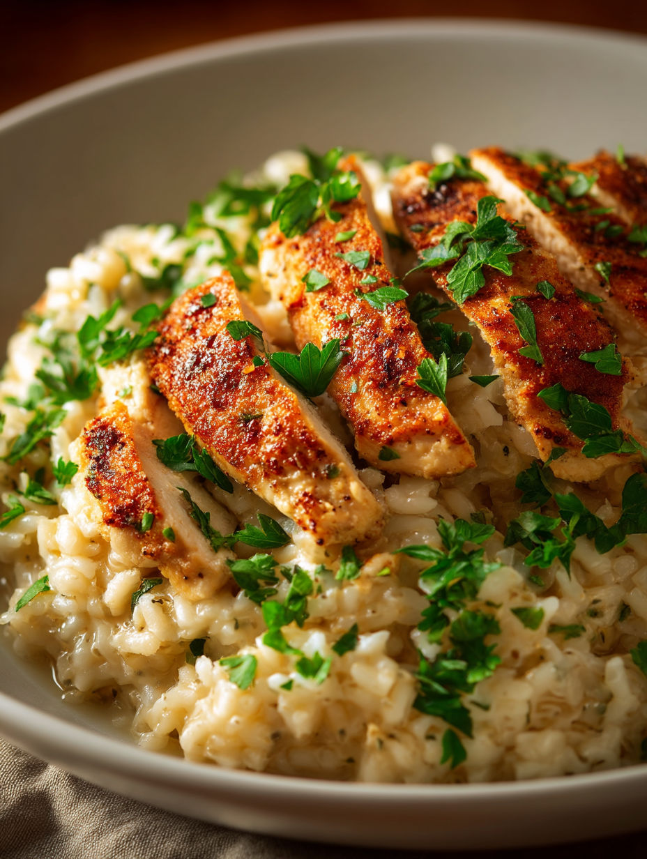 A bowl of rice with chicken and herbs.