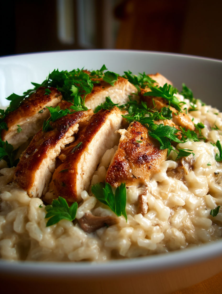 A bowl of rice with chicken and herbs.
