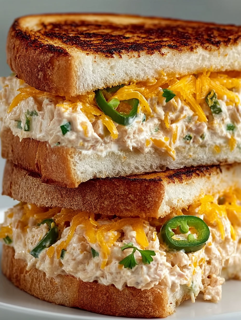 Three jalapeño cheddar tuna melts stacked on top of each other.