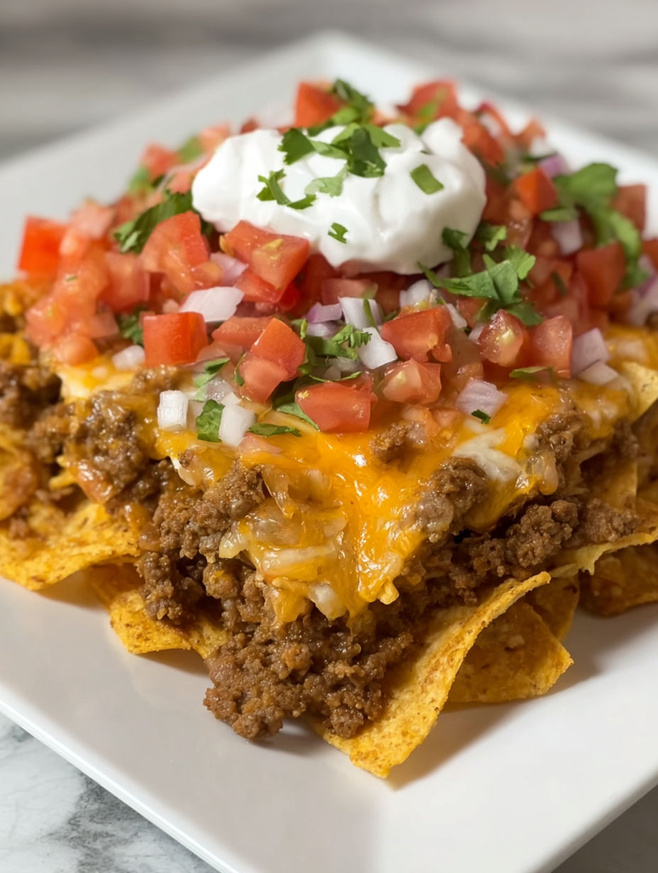 A plate of cheesy Dorito taco casserole.