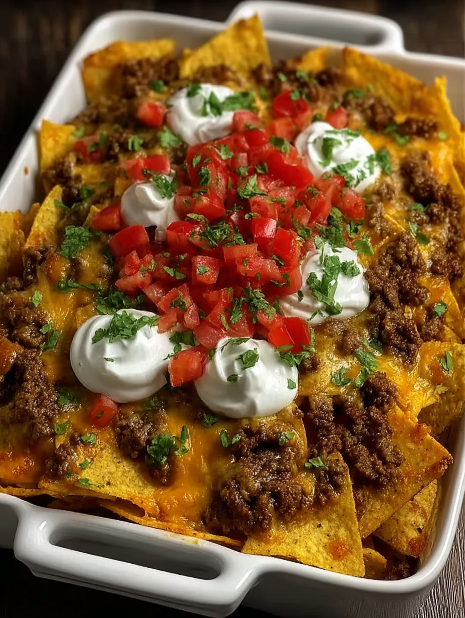 A dish of cheesy Dorito taco casserole.