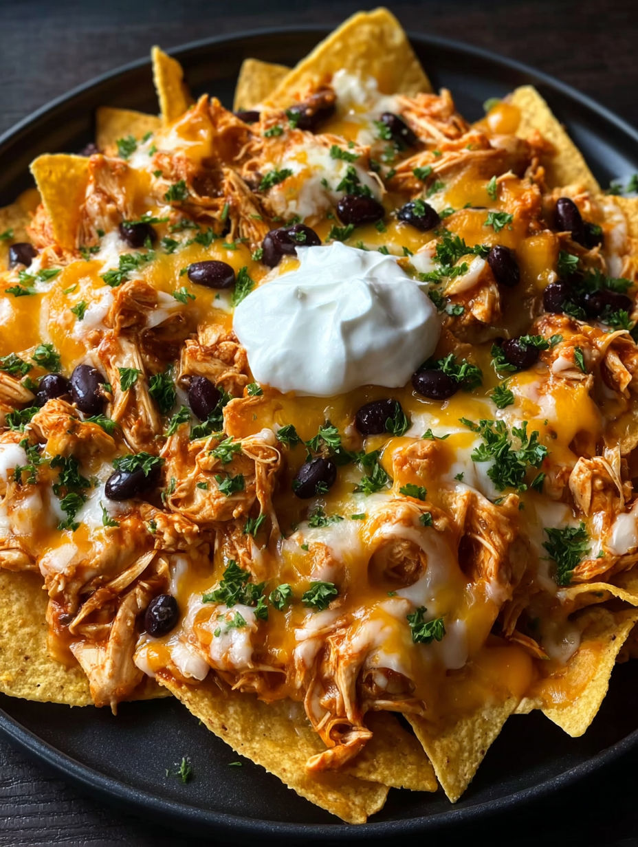 A plate of nachos with white cheese and chicken.