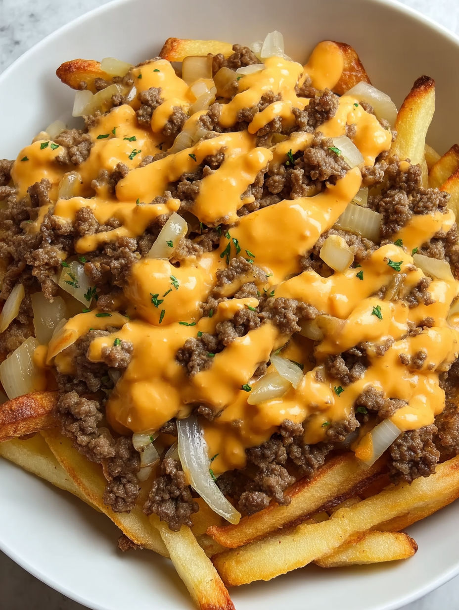 A cheeseburger french fry casserole with onions and cheese.