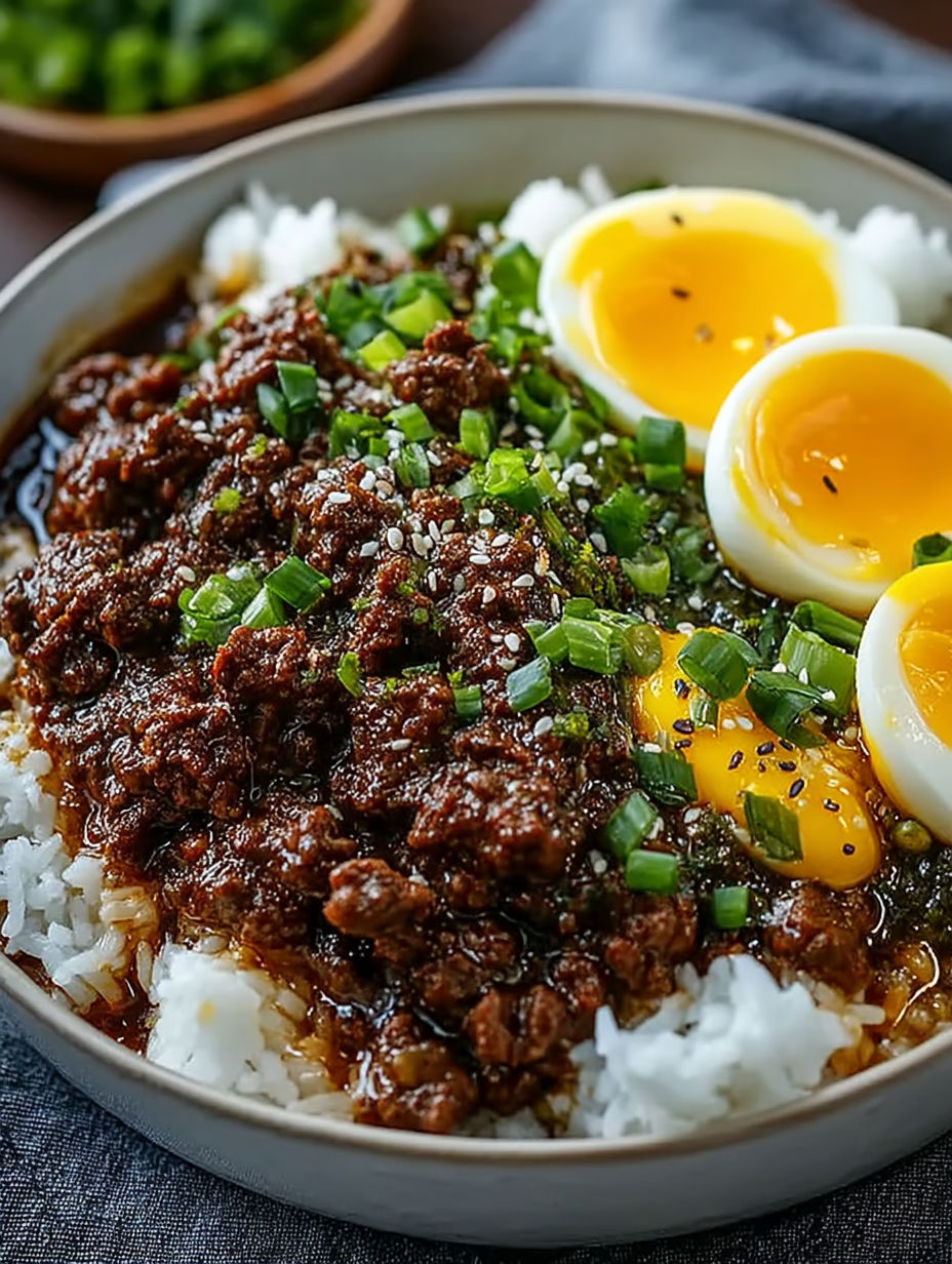 A bowl of food with two eggs on top.