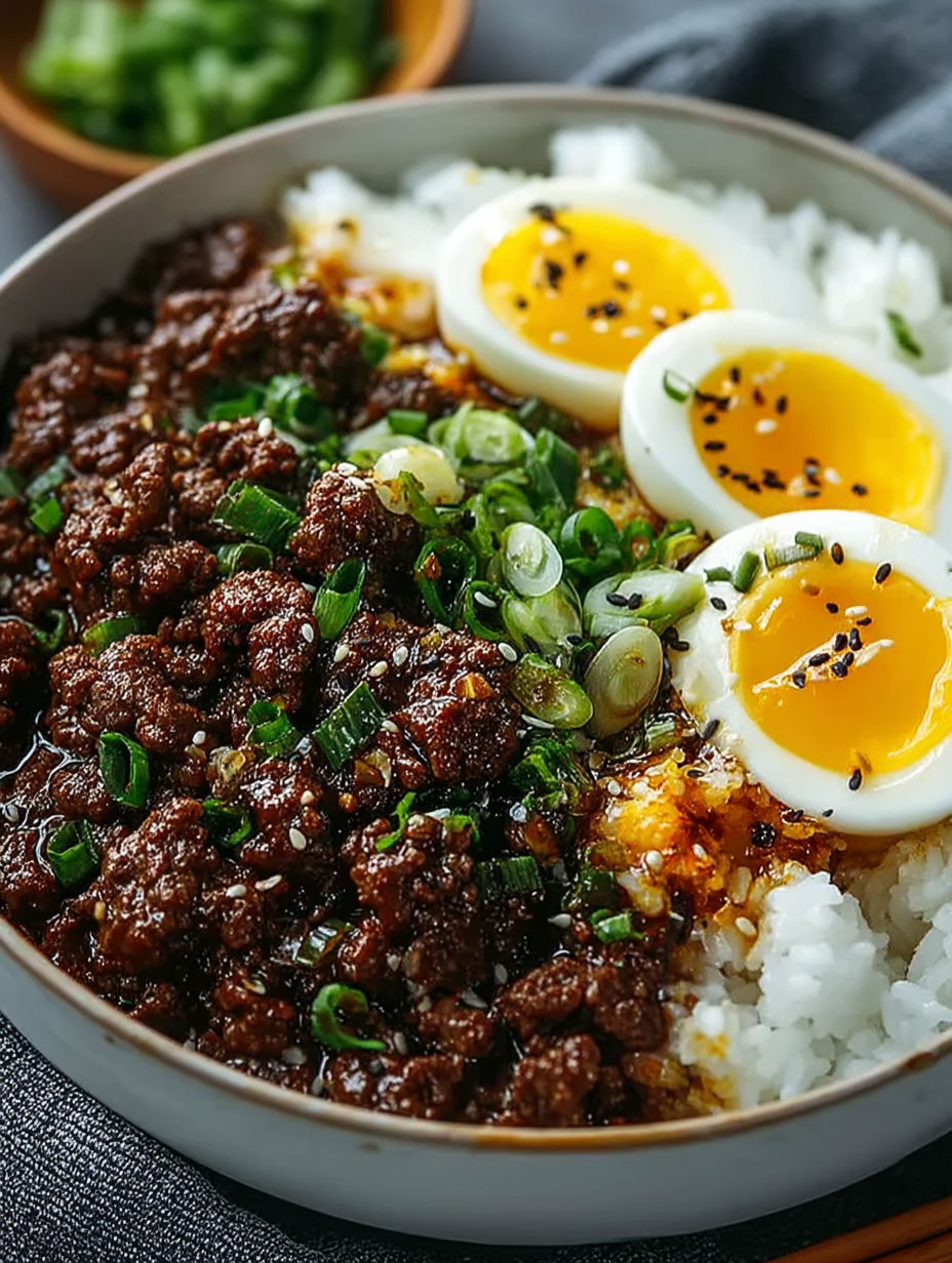 A bowl of food with two eggs on top.