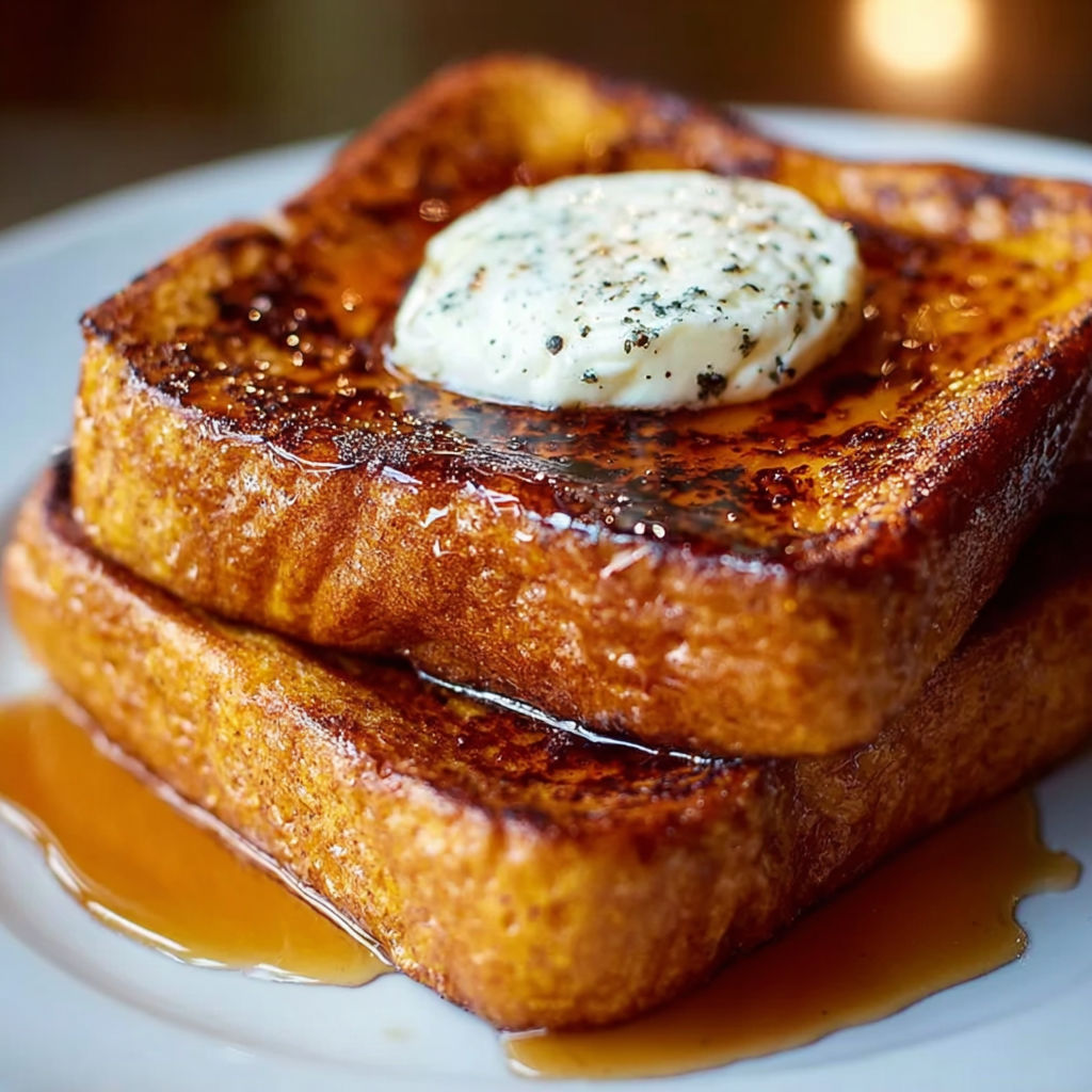 French toast with a dollop of whipped cream.