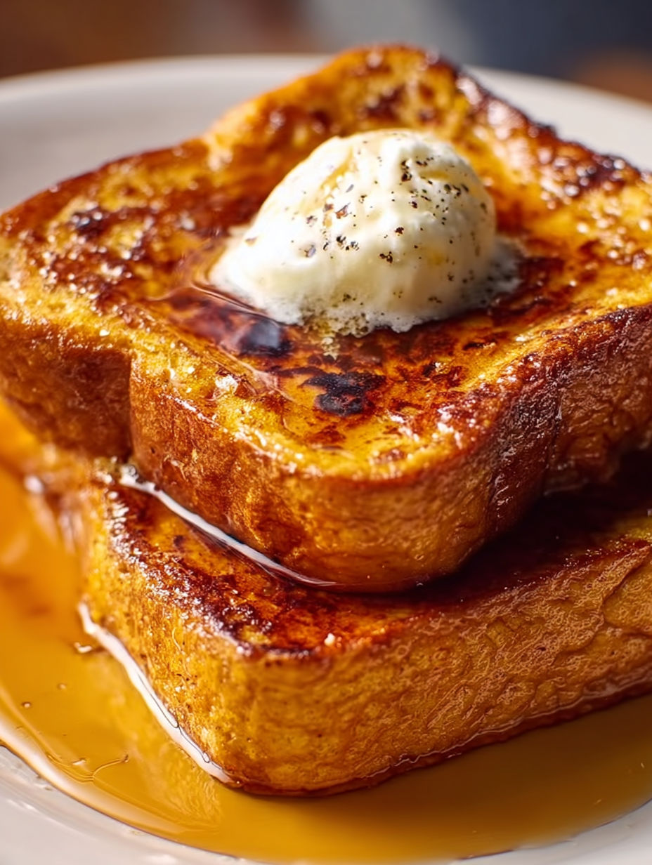 French toast with a dollop of butter and maple syrup.