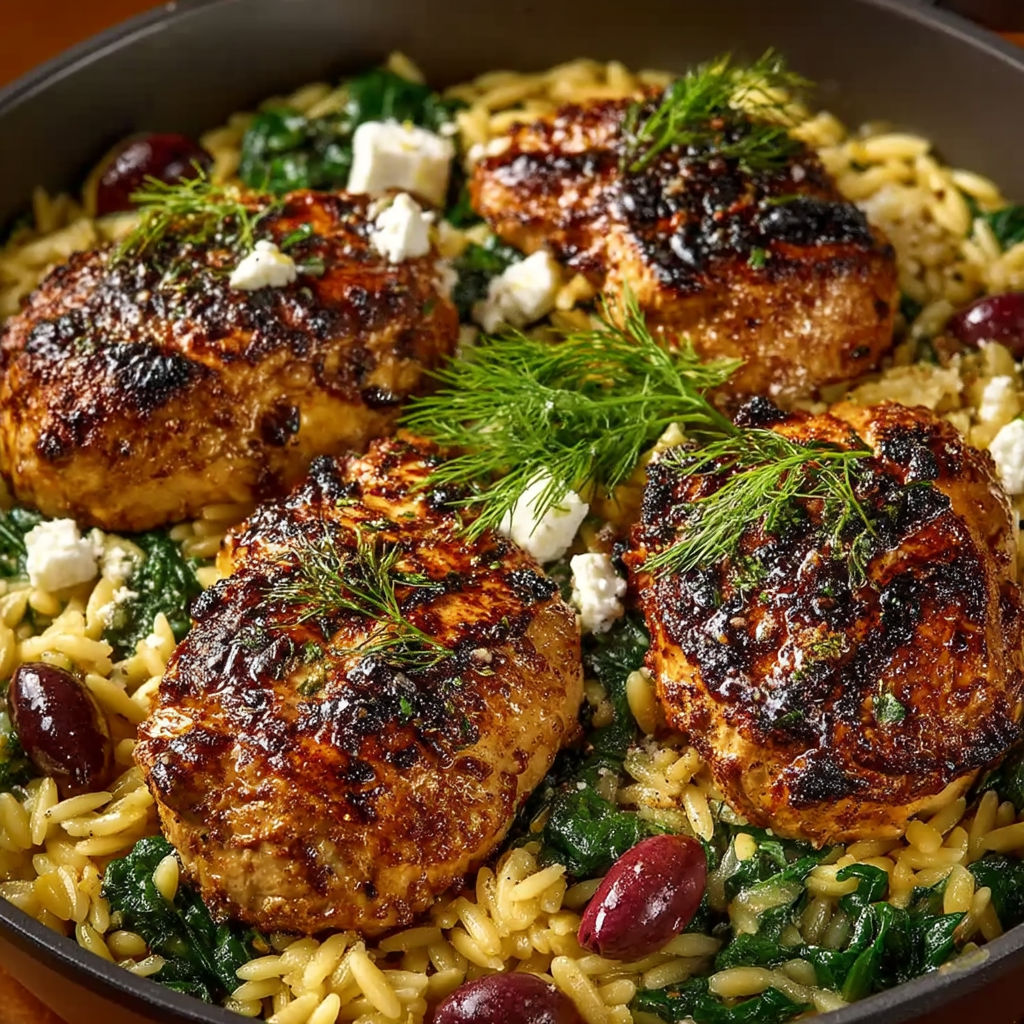 A delicious one-pan Greek chicken skillet with orzo.