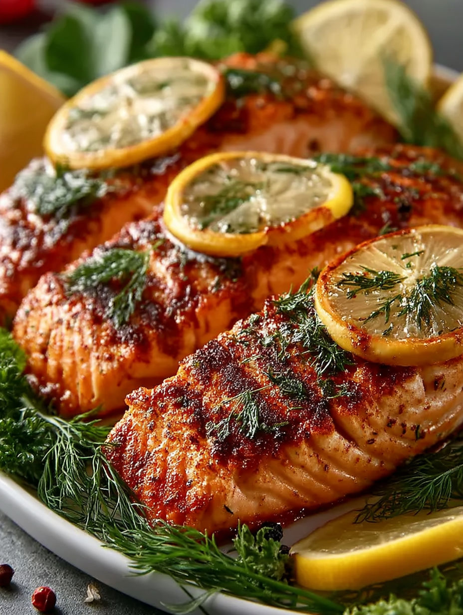 A plate of grilled salmon with lemon wedges on top.