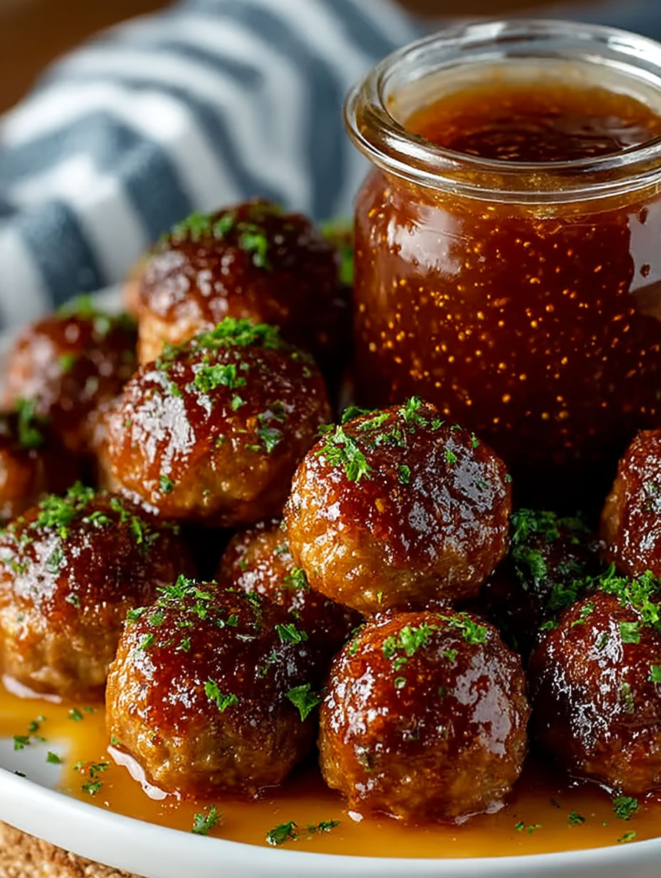 A plate of meatballs with a jar of hot pepper jelly.
