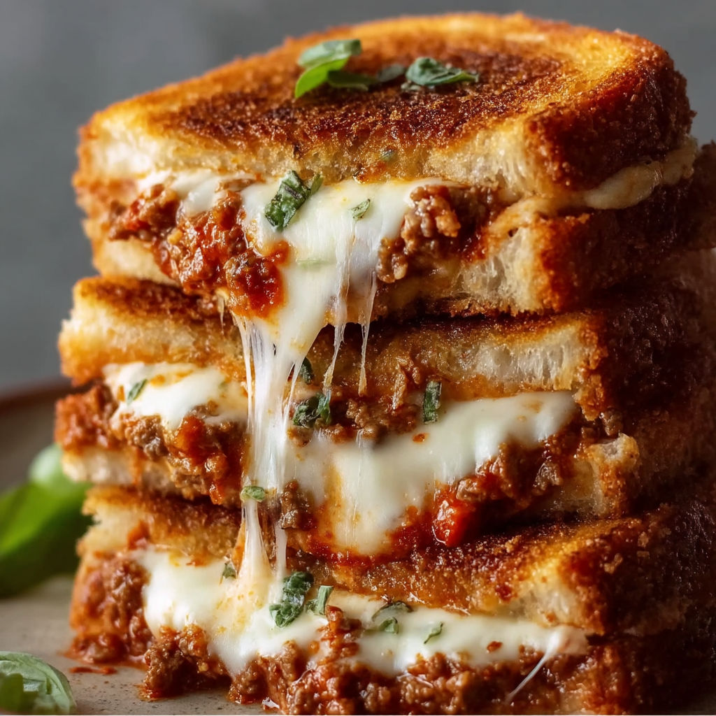 A stack of grilled cheese sandwiches with meat and cheese.