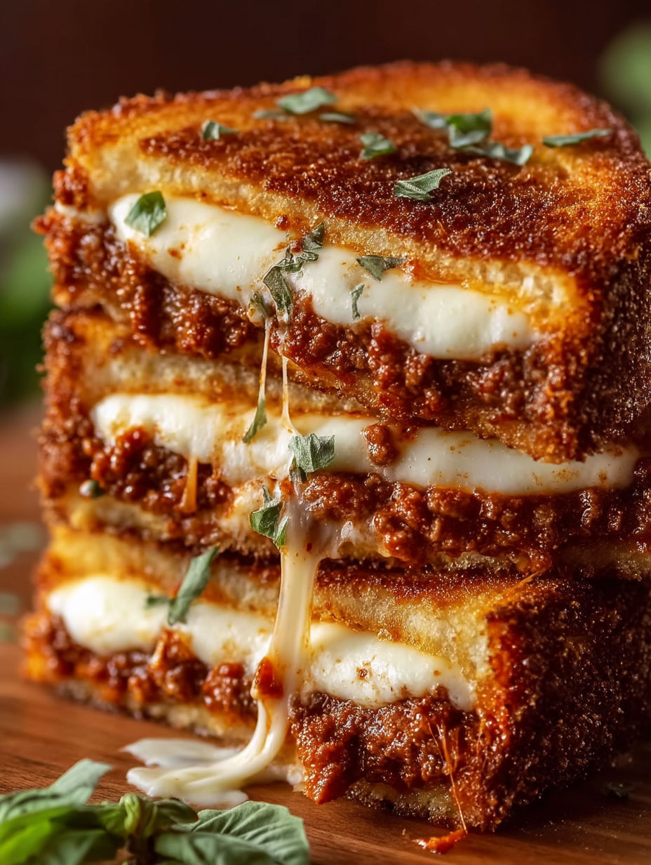 A stack of grilled cheese sandwiches with marinara sauce dripping down.