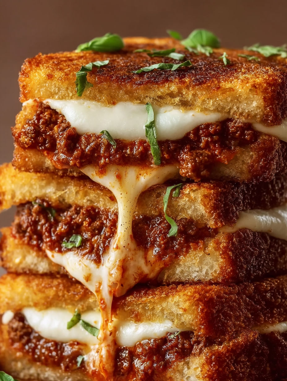 A stack of grilled cheese sandwiches with marinara sauce.