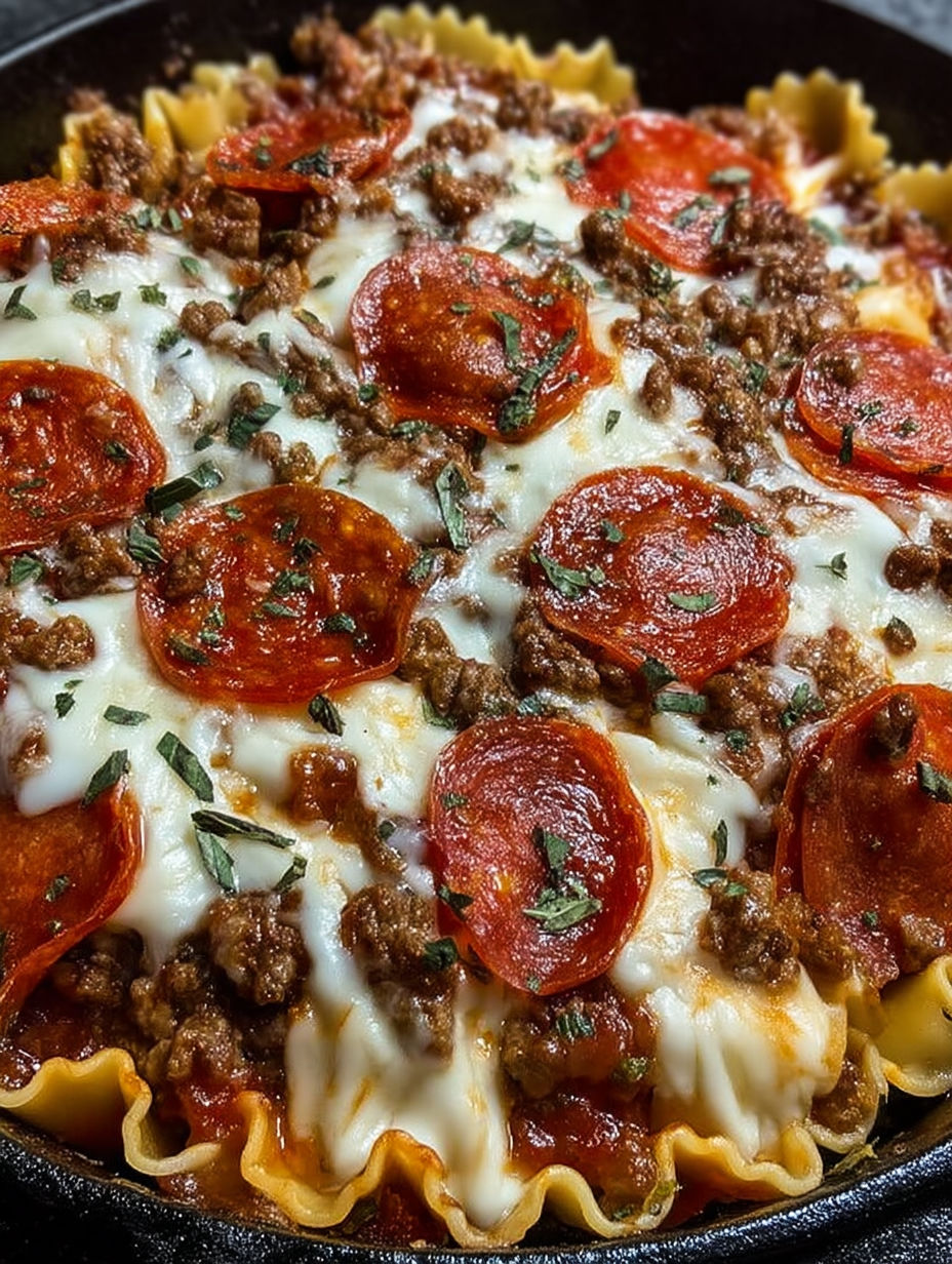 A delicious pizza lasagna skillet bake.