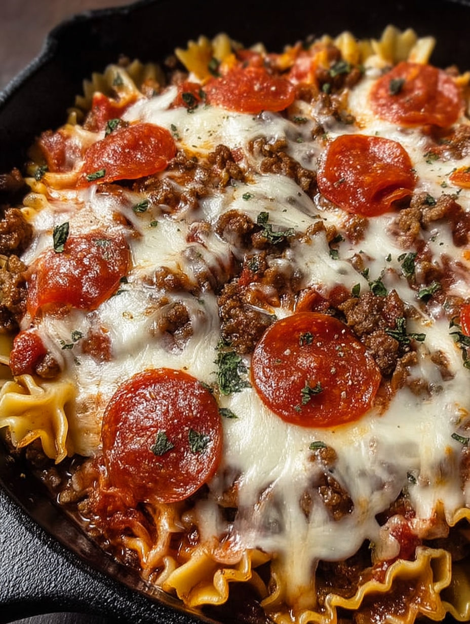 A skillet bake with pepperoni and cheese.