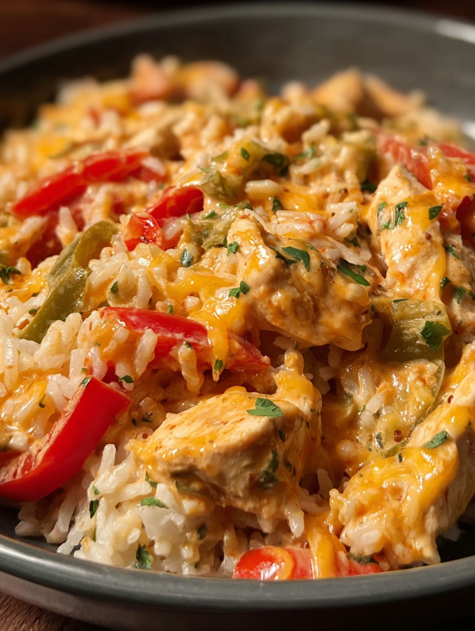 A skillet of chicken and rice with cheese.