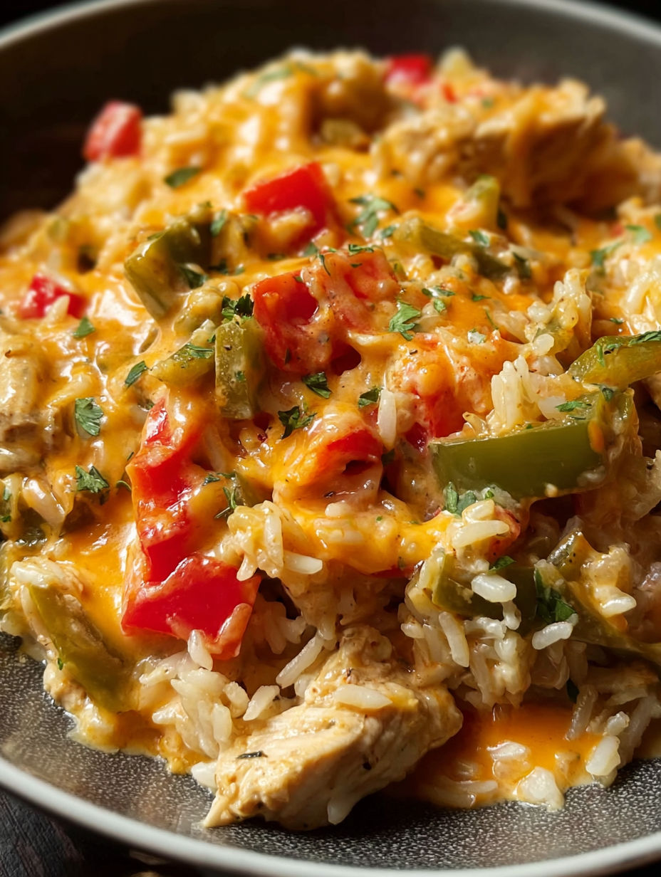 A bowl of chicken fajita skillet with rice and peppers.