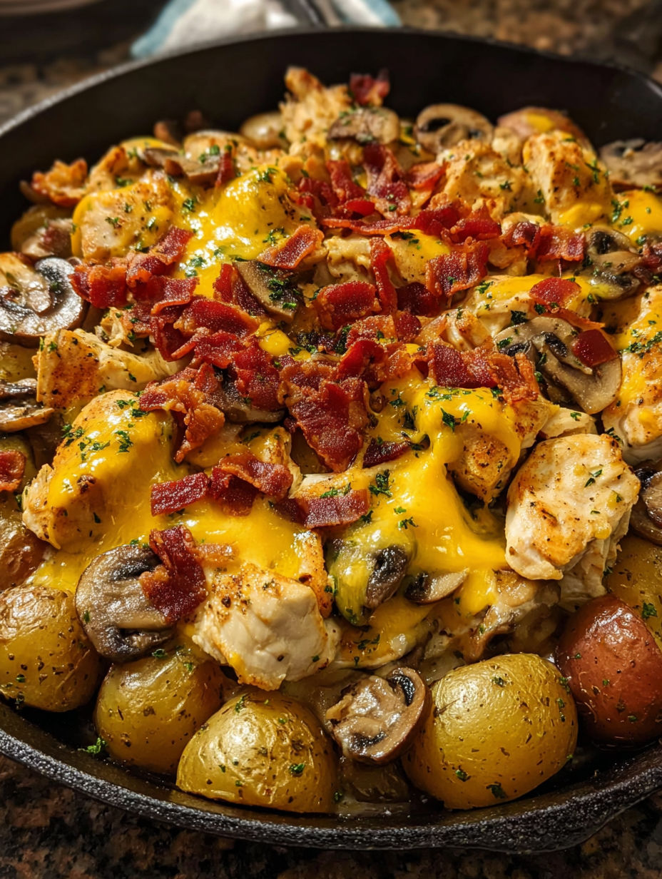 A delicious meal of chicken, mushrooms, and bacon.