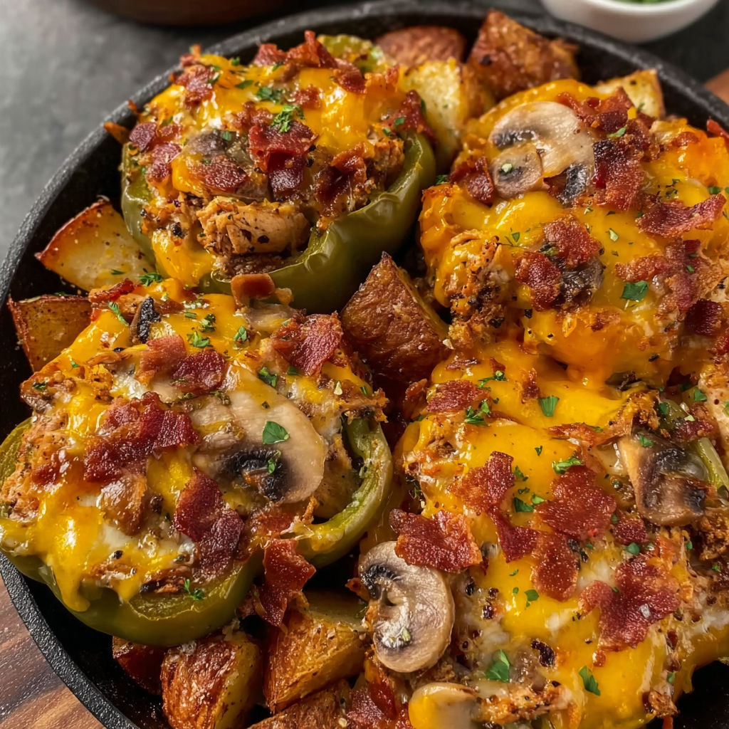 A plate of food with mushrooms and bacon.