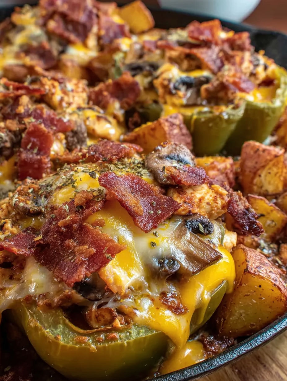A dish of stuffed peppers with cheese and bacon.