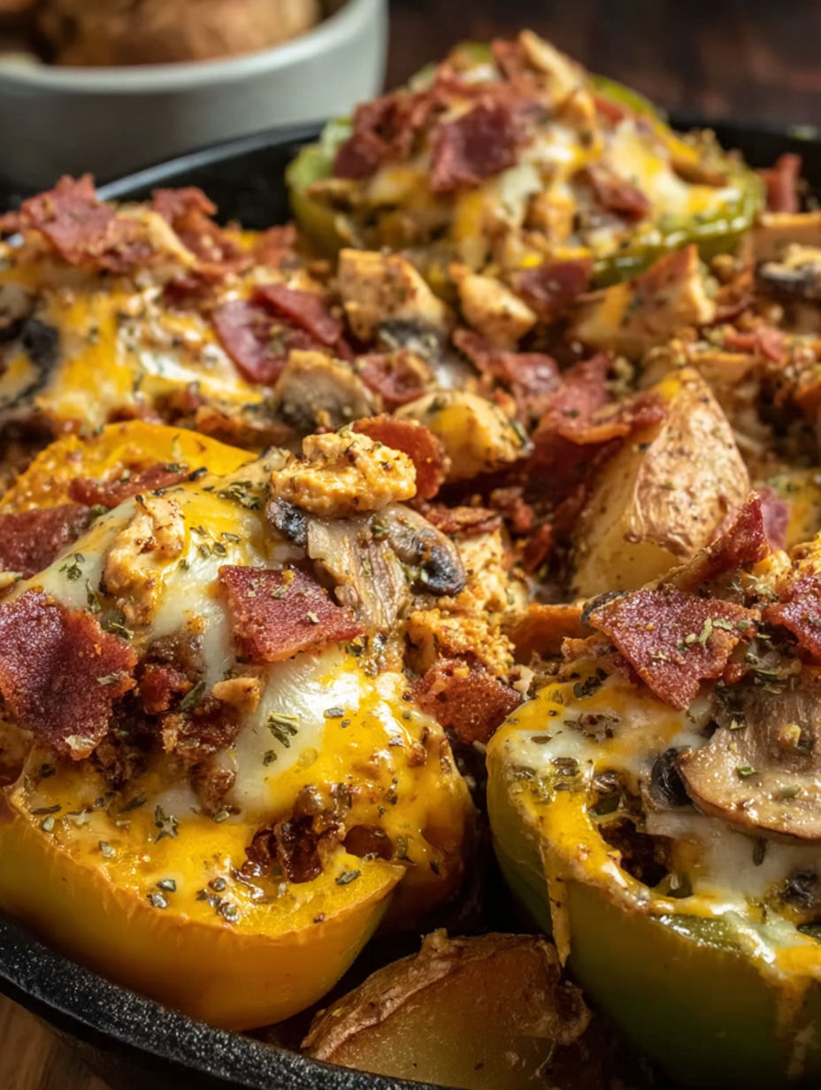 A plate of food with peppers and mushrooms.
