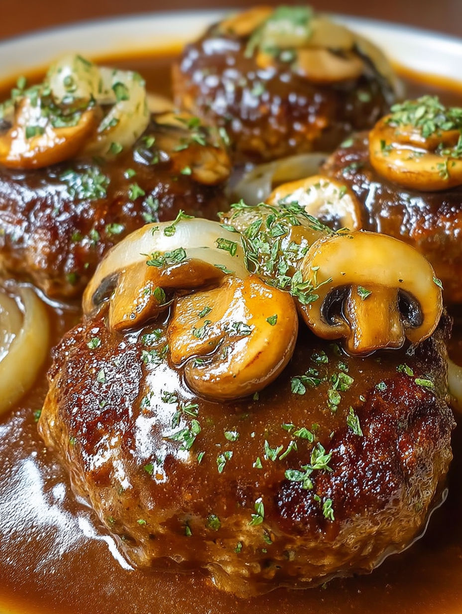 Hamburger steaks in brown gravy.