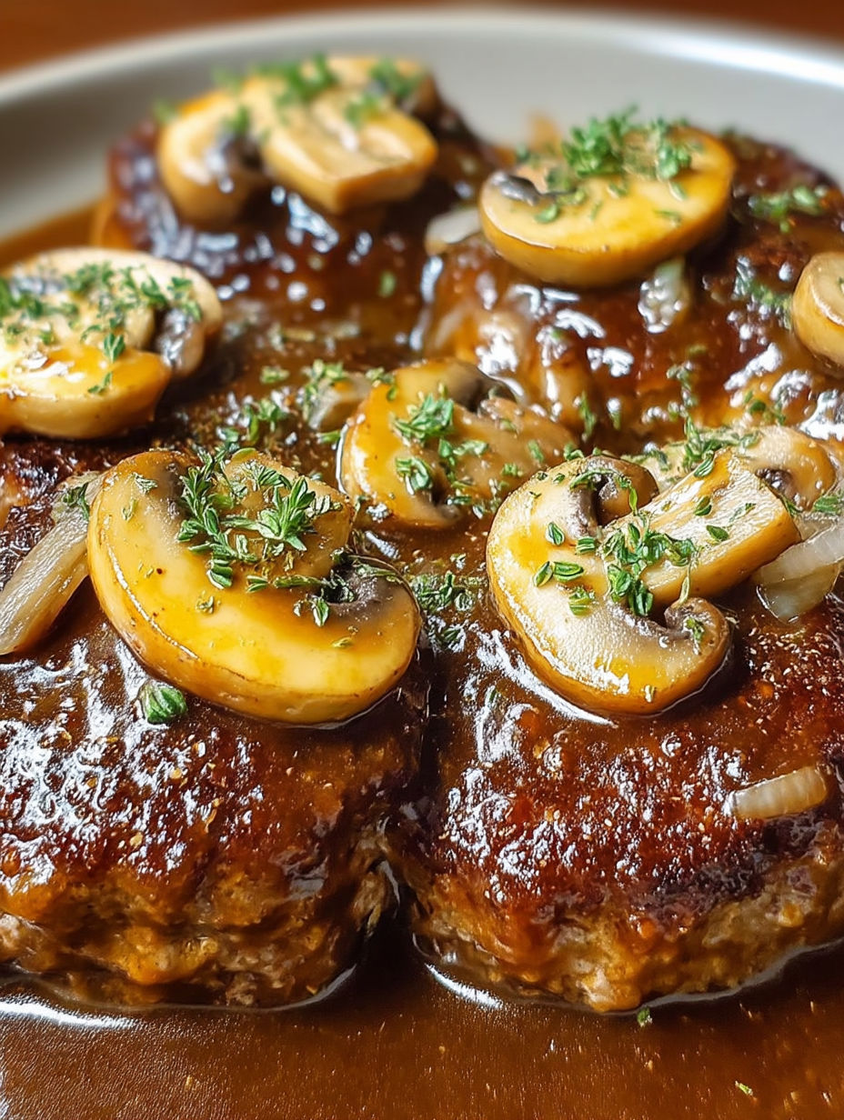 Hamburger steaks with brown gravy.