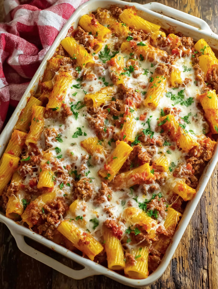 A baked ziti dish with sausage and cheese.