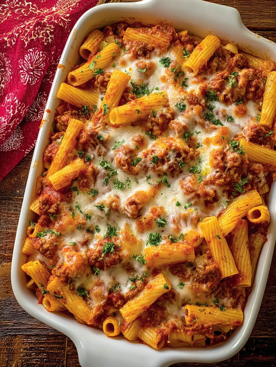 A baked ziti dish with sausage and cheese.