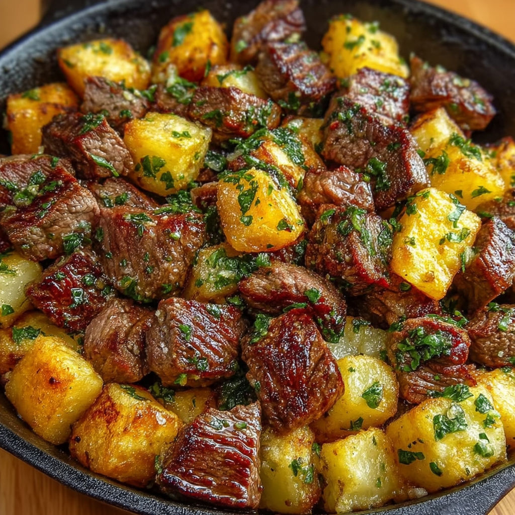 A pan of steak and potatoes with garlic butter.