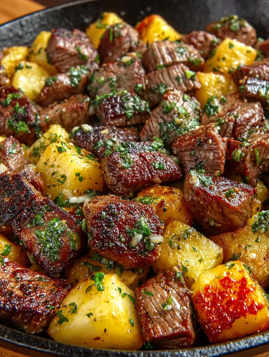 A close up of a delicious meal of garlic butter steak bites and potatoes.