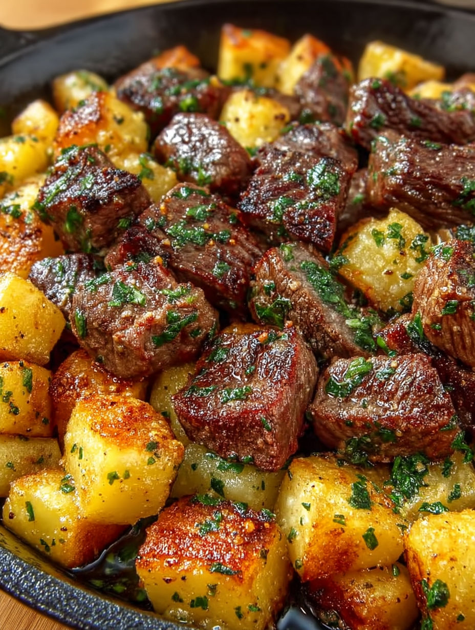 A close up of a delicious meal of garlic butter steak bites and potatoes.