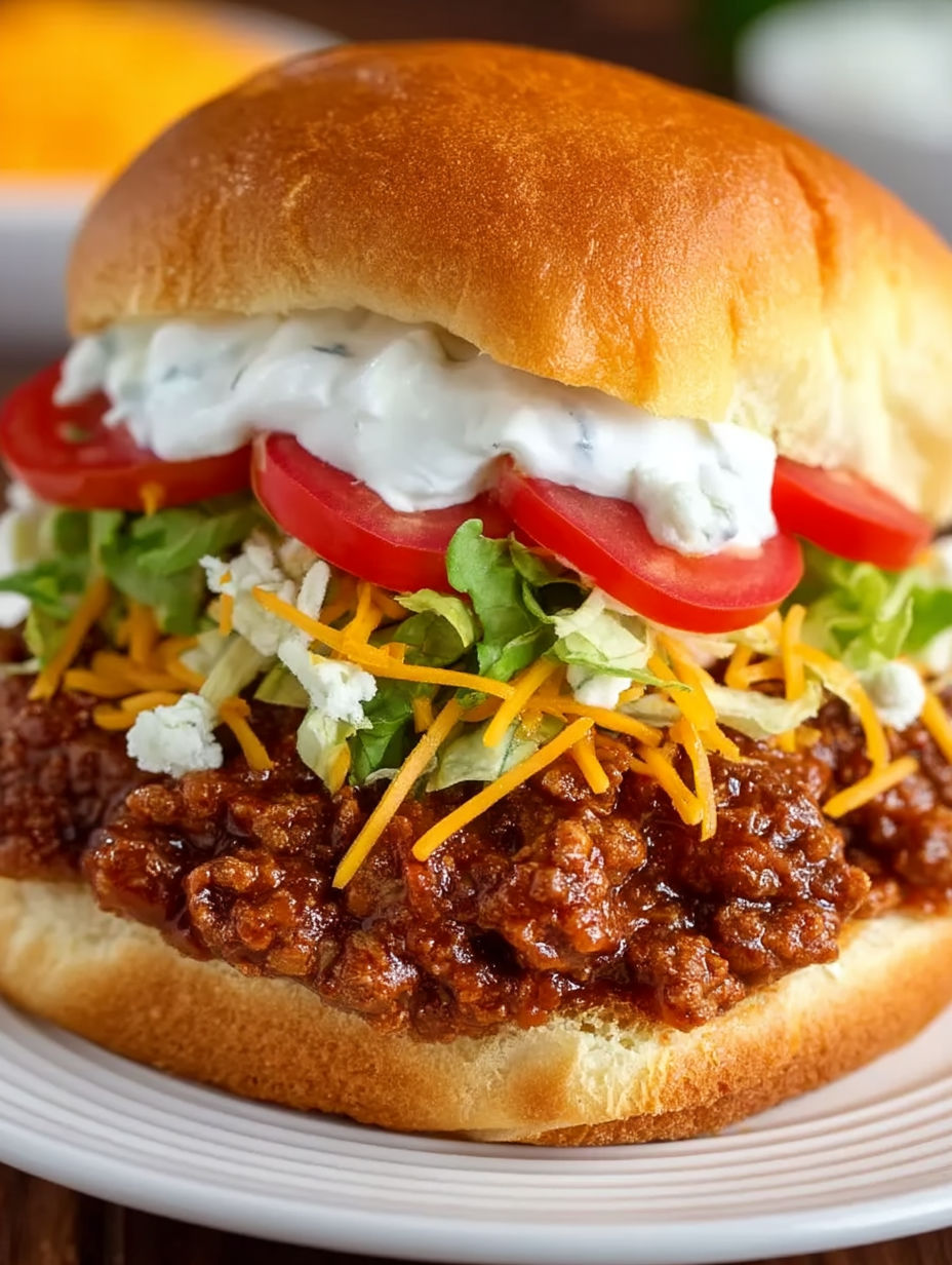 A sloppy joe sandwich with lettuce, tomato, and cheese.