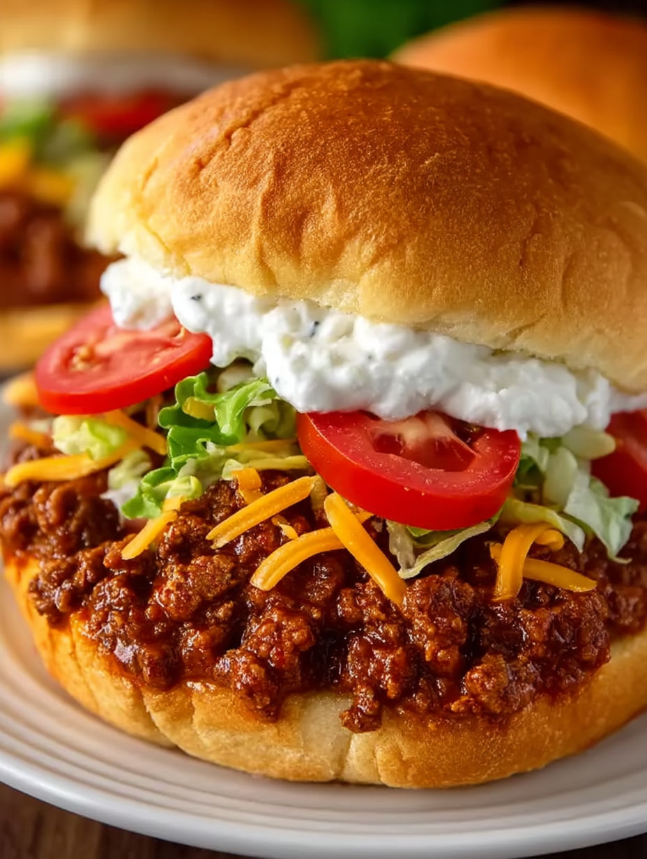 A sloppy joe sandwich with tomatoes and cheese.