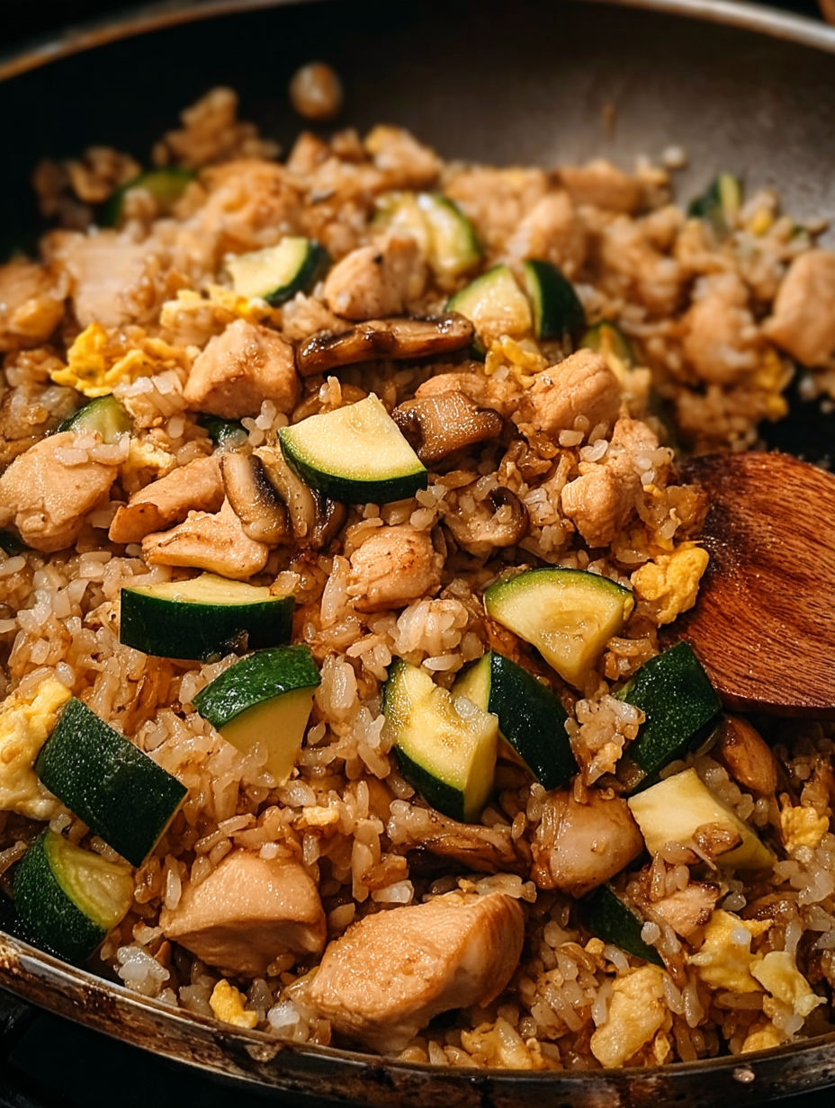 A dish of chicken fried rice with vegetables.